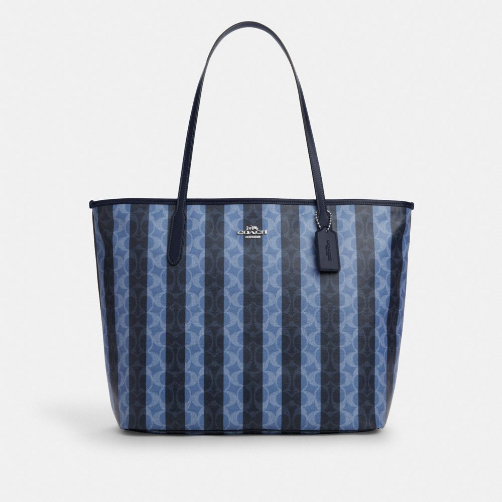 Large City Tote Bag In Signature Canvas With Stripe Coated Canvas-Silver-Denim-Midnight Navy Coated Canvas-Silver-Denim-Midnight Navy