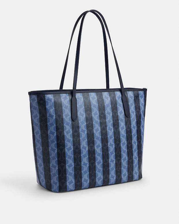 Large City Tote Bag In Signature Canvas With Stripe Coated Canvas-Silver-Denim-Midnight Navy Coated Canvas-Silver-Denim-Midnight Navy