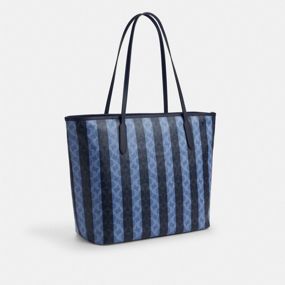 Large City Tote Bag In Signature Canvas With Stripe Coated Canvas-Silver-Denim-Midnight Navy Coated Canvas-Silver-Denim-Midnight Navy
