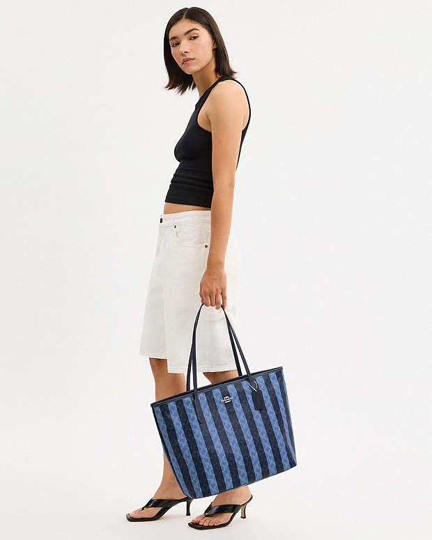 Large City Tote Bag In Signature Canvas With Stripe Coated Canvas-Silver-Denim-Midnight Navy Coated Canvas-Silver-Denim-Midnight Navy