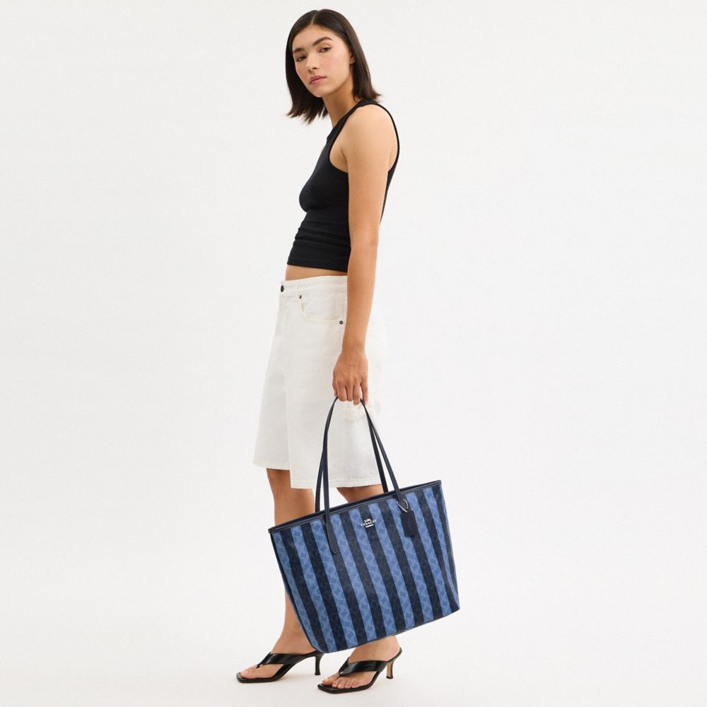 Large City Tote Bag In Signature Canvas With Stripe Coated Canvas-Silver-Denim-Midnight Navy Coated Canvas-Silver-Denim-Midnight Navy