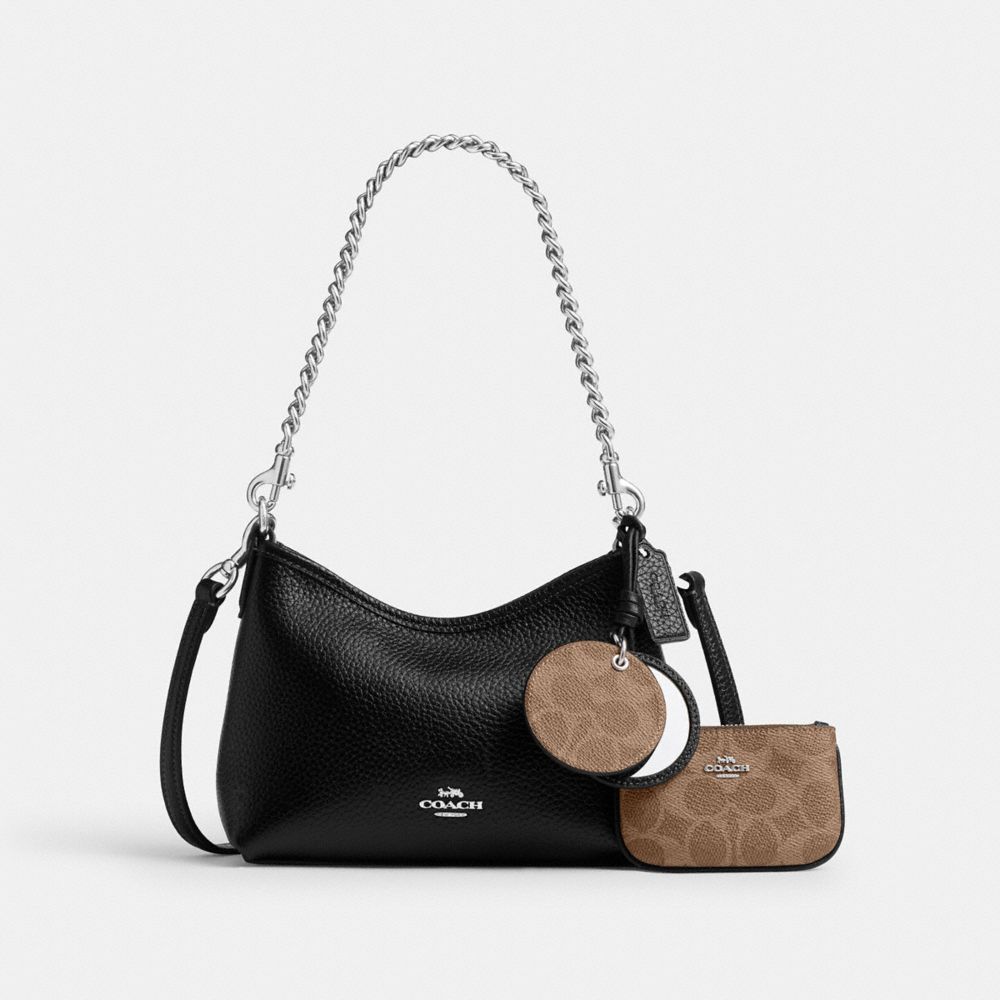 Laurel Small Shoulder Bag With Mirror Charm And Pouch Pebbled Leather-Sv-Black-Tan Pebbled Leather-Sv-Black-Tan
