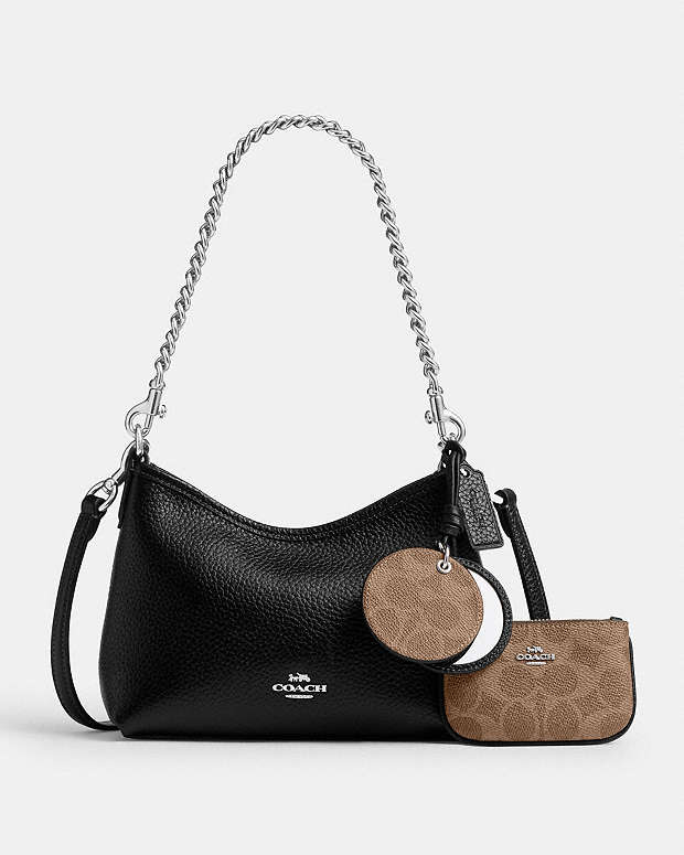 Laurel Small Shoulder Bag With Mirror Charm And Pouch Pebbled Leather-Sv-Black-Tan Pebbled Leather-Sv-Black-Tan