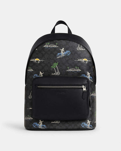 West Backpack In Signature Canvas With Surf Print Signature Canvas-Gunmetal-Charcoal Multi Signature Canvas-Gunmetal-Charcoal Multi
