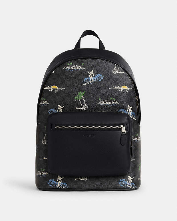 West Backpack In Signature Canvas With Surf Print Signature Canvas-Gunmetal-Charcoal Multi Signature Canvas-Gunmetal-Charcoal Multi