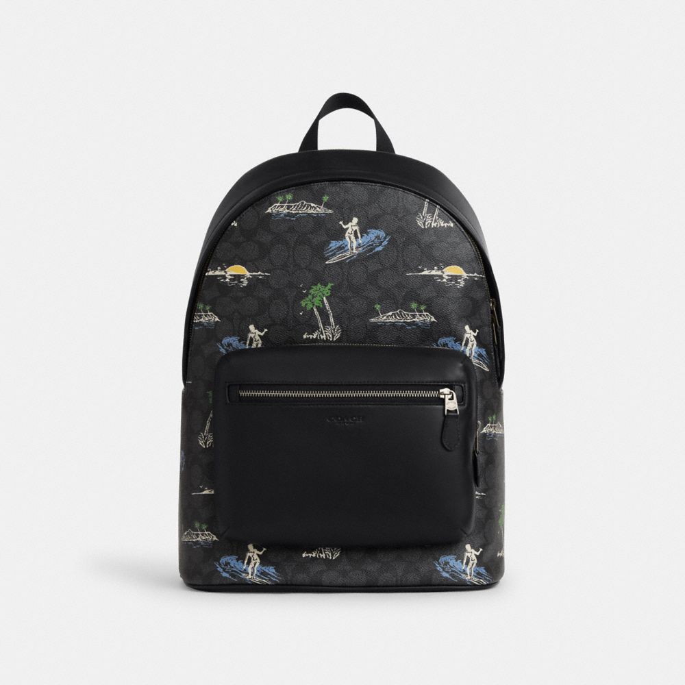 West Backpack In Signature Canvas With Surf Print Signature Canvas-Gunmetal-Charcoal Multi Signature Canvas-Gunmetal-Charcoal Multi