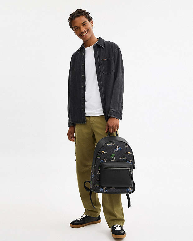 West Backpack In Signature Canvas With Surf Print Signature Canvas-Gunmetal-Charcoal Multi Signature Canvas-Gunmetal-Charcoal Multi