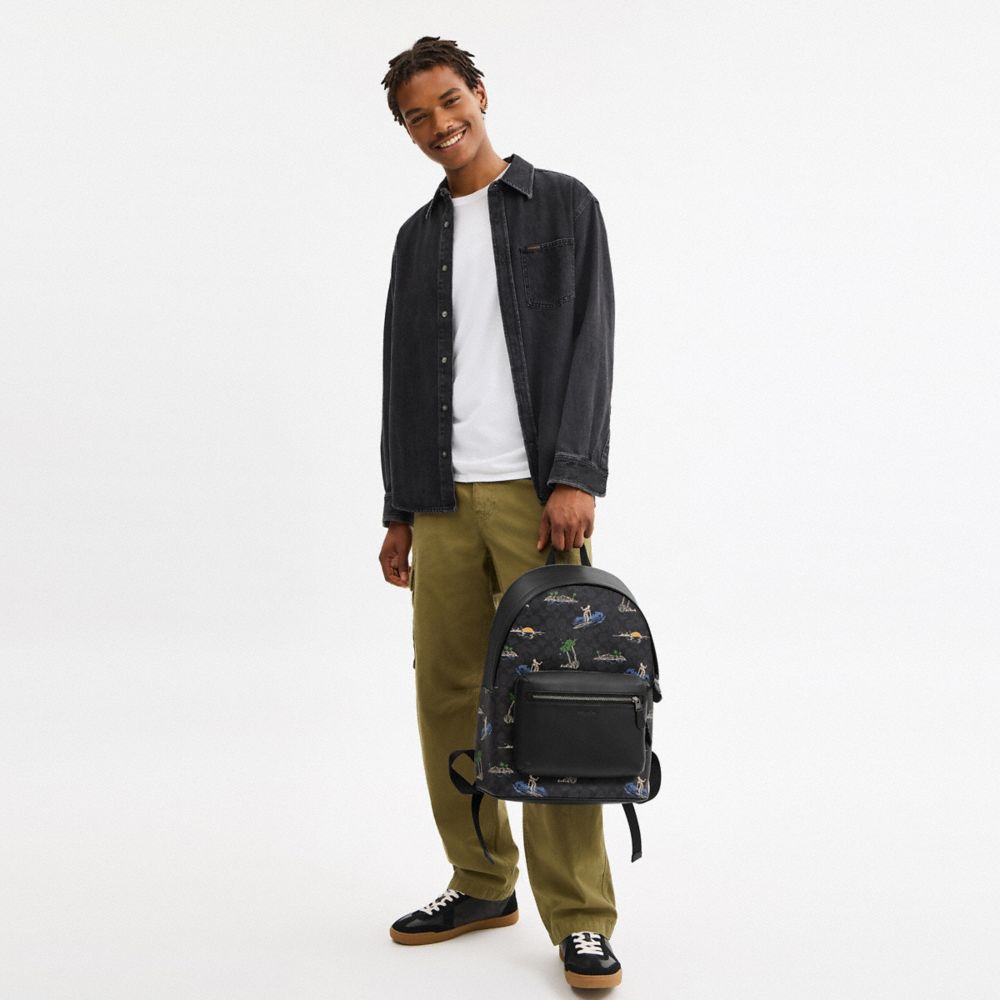 West Backpack In Signature Canvas With Surf Print Signature Canvas-Gunmetal-Charcoal Multi Signature Canvas-Gunmetal-Charcoal Multi