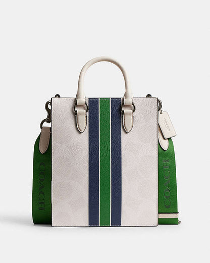Dylan Tote Bag In Signature Canvas With Varsity Stripe Gunmetal-Chalk Multi Gunmetal-Chalk Multi