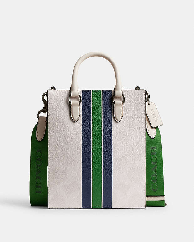 Dylan Tote Bag In Signature Canvas With Varsity Stripe Gunmetal-Chalk Multi Gunmetal-Chalk Multi