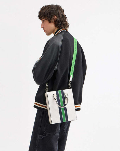 Dylan Tote Bag In Signature Canvas With Varsity Stripe Gunmetal-Chalk Multi Gunmetal-Chalk Multi