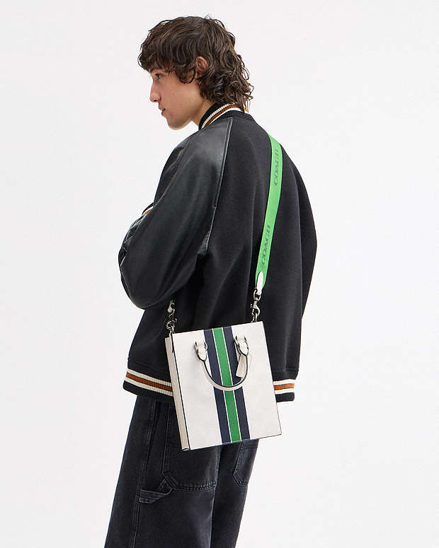 Dylan Tote Bag In Signature Canvas With Varsity Stripe Gunmetal-Chalk Multi Gunmetal-Chalk Multi