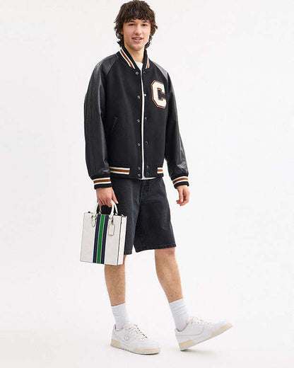 Dylan Tote Bag In Signature Canvas With Varsity Stripe Gunmetal-Chalk Multi Gunmetal-Chalk Multi