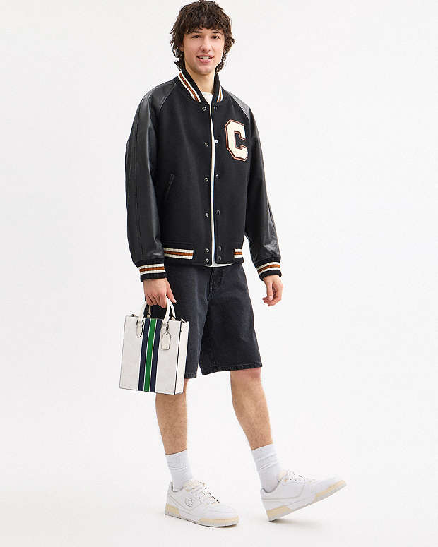 Dylan Tote Bag In Signature Canvas With Varsity Stripe Gunmetal-Chalk Multi Gunmetal-Chalk Multi