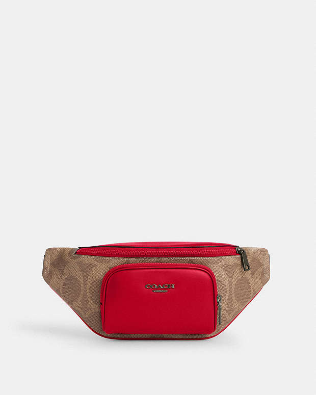 Racer Small Belt Bag In Maxi Signature Canvas Qb-Tan-Bold Red Qb-Tan-Bold Red
