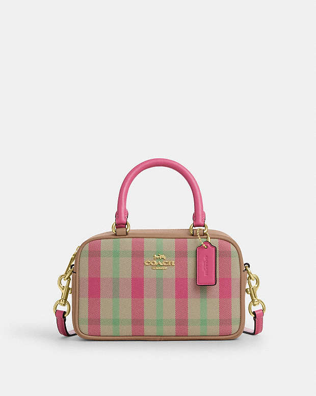 Satchel Crossbody Bag With Plaid Print Gold-Pink Multi Gold-Pink Multi