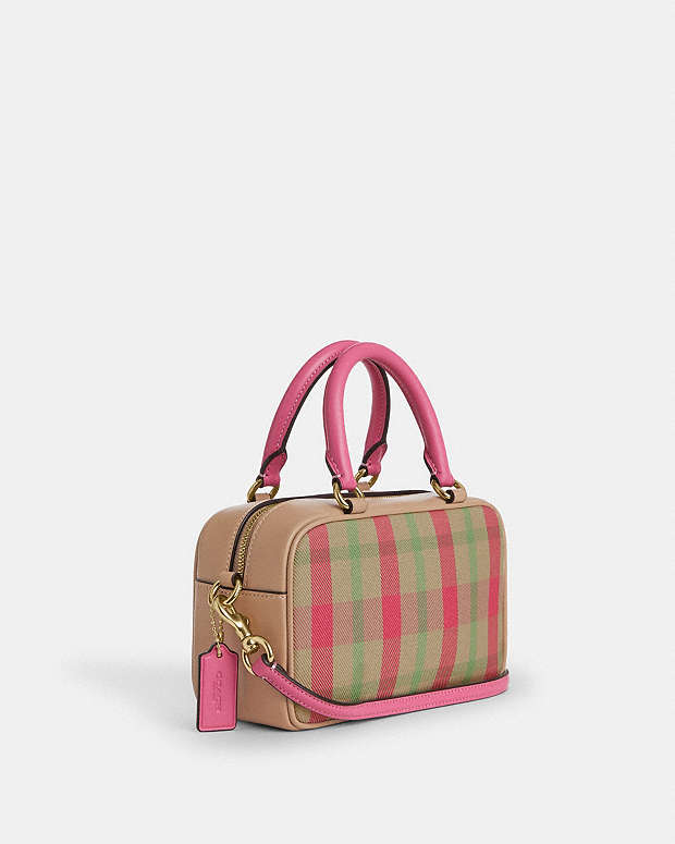 Satchel Crossbody Bag With Plaid Print Gold-Pink Multi Gold-Pink Multi