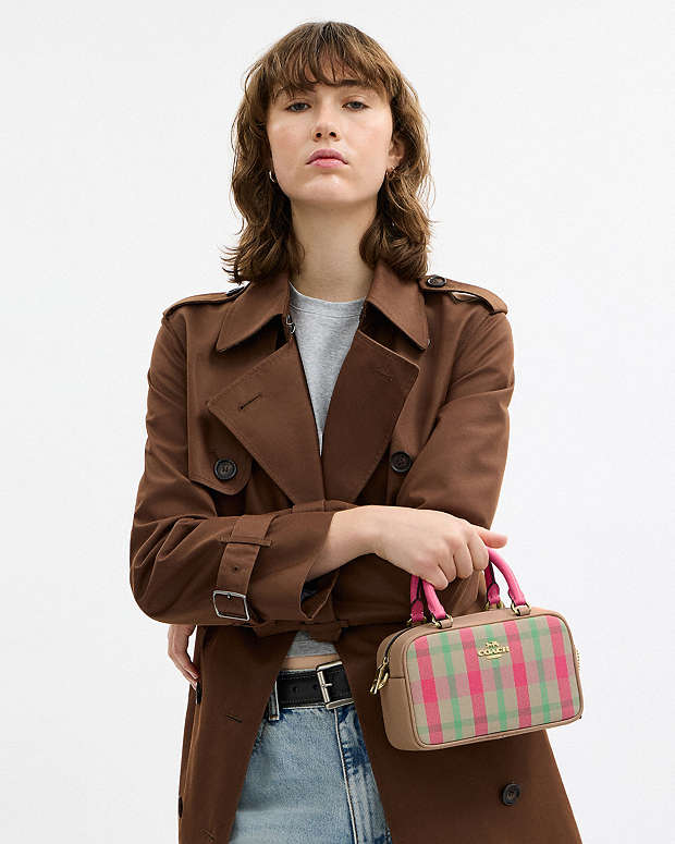 Satchel Crossbody Bag With Plaid Print Gold-Pink Multi Gold-Pink Multi