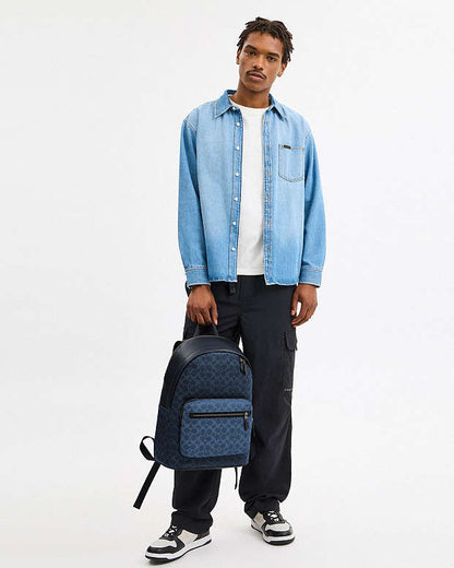 West Backpack In Blocked Signature Canvas Signature Canvas-Qb-Denim-Light Denim Signature Canvas-Qb-Denim-Light Denim