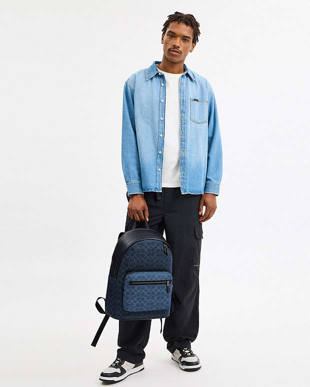 West Backpack In Blocked Signature Canvas Signature Canvas-Qb-Denim-Light Denim Signature Canvas-Qb-Denim-Light Denim