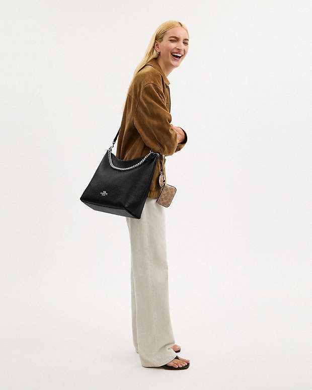 Laurel Large Shoulder Bag With Mirror Charm And Pouch Pebbled Leather-Sv-Black-Tan Pebbled Leather-Sv-Black-Tan