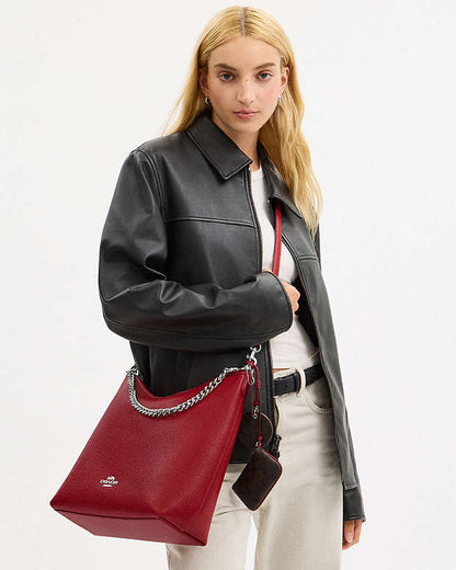 Laurel Large Shoulder Bag With Mirror Charm And Pouch Pebbled Leather-Sv-Dark Cardinal-Walnut Pebbled Leather-Sv-Dark Cardinal-Walnut
