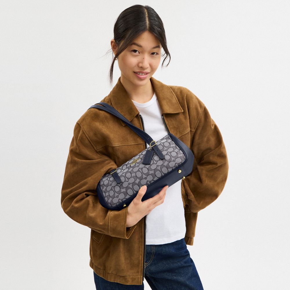Coach Asher Shoulder Bag In Signature Jacquard Gold Navy Midnight Navy
