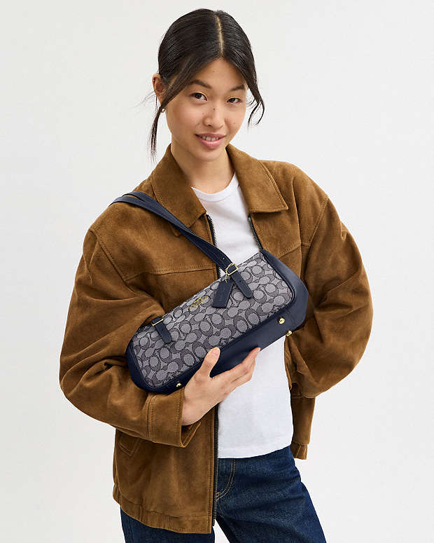 Asher Shoulder Bag In Signature Jacquard Signature Jacquard-Gold-Navy-Midnight Navy Signature Jacquard-Gold-Navy-Midnight Navy