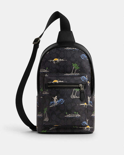 West Pack In Signature Canvas With Surf Print Signature Canvas-Gunmetal-Charcoal Multi Signature Canvas-Gunmetal-Charcoal Multi