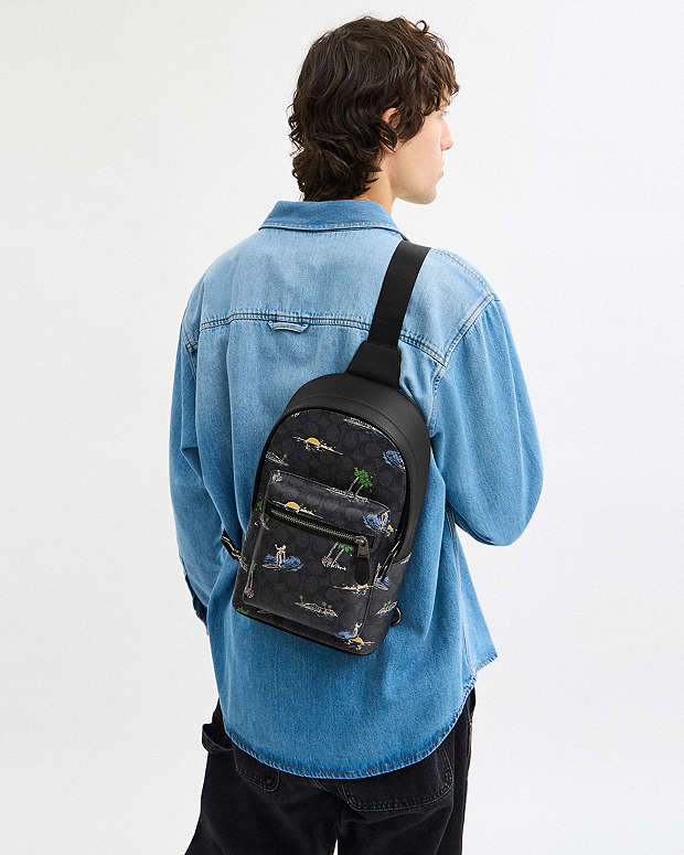 West Pack In Signature Canvas With Surf Print Signature Canvas-Gunmetal-Charcoal Multi Signature Canvas-Gunmetal-Charcoal Multi