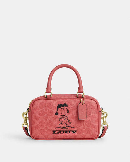 Coach X Peanuts Satchel Crossbody Bag In Signature Canvas With Lucy Signature Canvas-Im-Bright Coral Multi Signature Canvas-Im-Bright Coral Multi