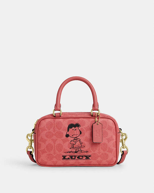 Coach X Peanuts Satchel Crossbody Bag In Signature Canvas With Lucy Signature Canvas-Im-Bright Coral Multi Signature Canvas-Im-Bright Coral Multi