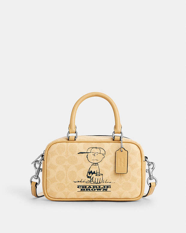 Coach X Peanuts Satchel Crossbody Bag In Signature Canvas With Charlie Brown Signature Canvas-Silver-Hay Multi Signature Canvas-Silver-Hay Multi