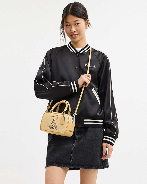 Coach X Peanuts Satchel Crossbody Bag In Signature Canvas With Charlie Brown Signature Canvas-Silver-Hay Multi Signature Canvas-Silver-Hay Multi