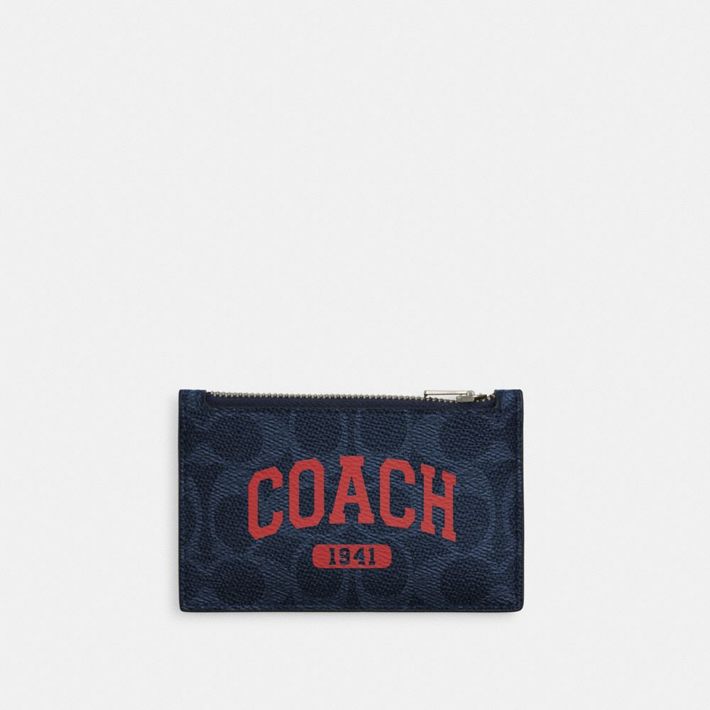 Zip Card Case In Signature Canvas With Coach Graphic Qb-Midnight Navy-Bold Red Qb-Midnight Navy-Bold Red