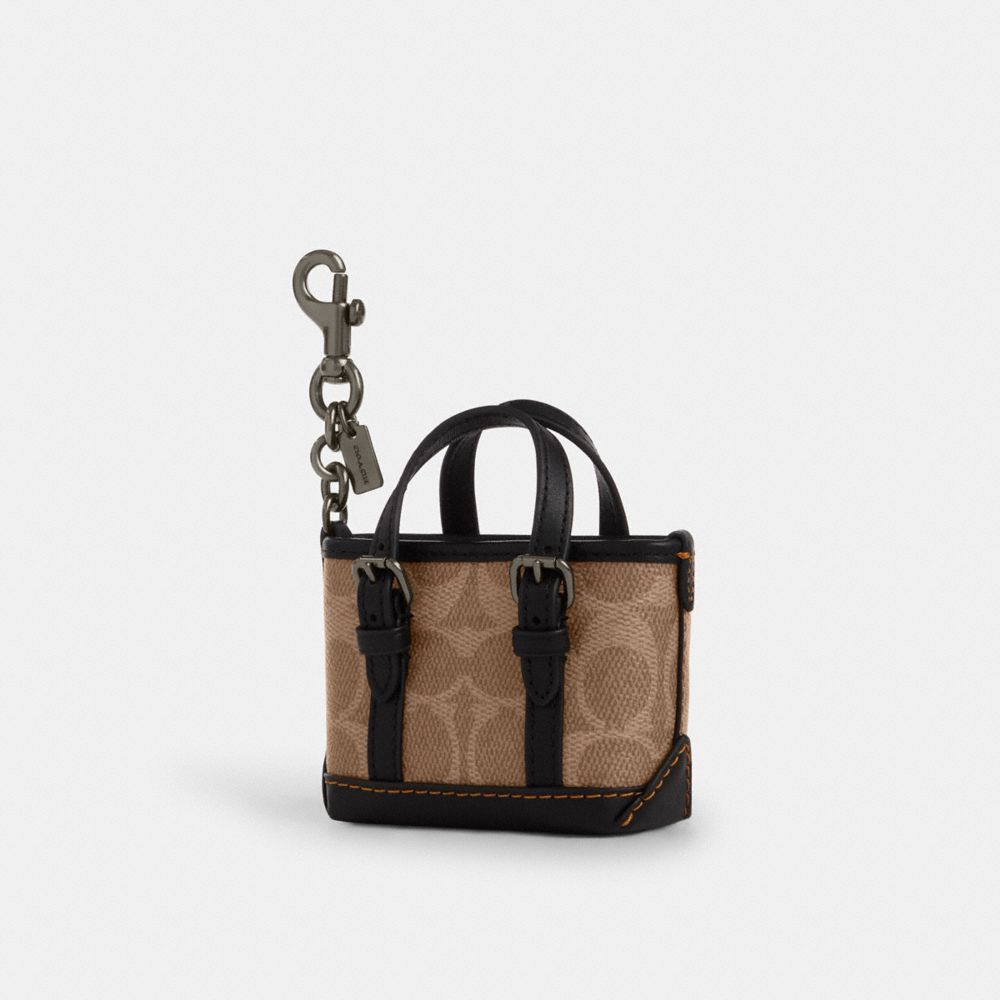 Coach Mini Warner Tote Bag Charm In Signature Canvas Gunmetal Tan Black
