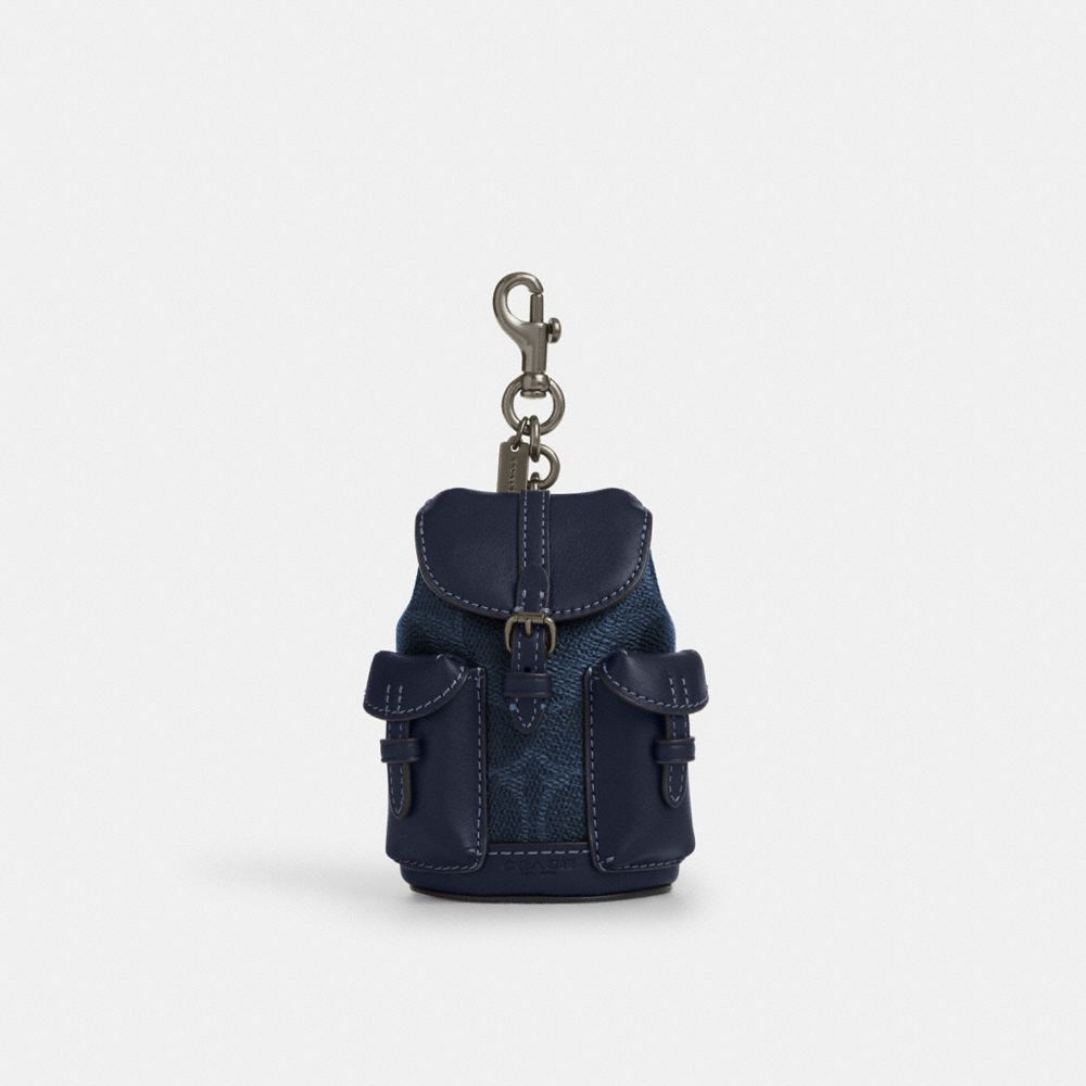 Coach Mini Warner Backpack Bag Charm In Signature Canvas Gunmetal Denim Midnight Navy