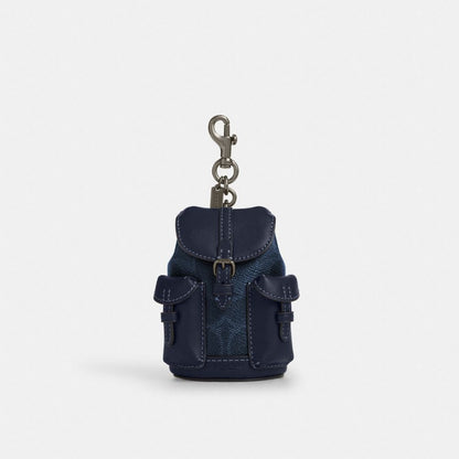 Coach Mini Warner Backpack Bag Charm In Signature Canvas Gunmetal Denim Midnight Navy