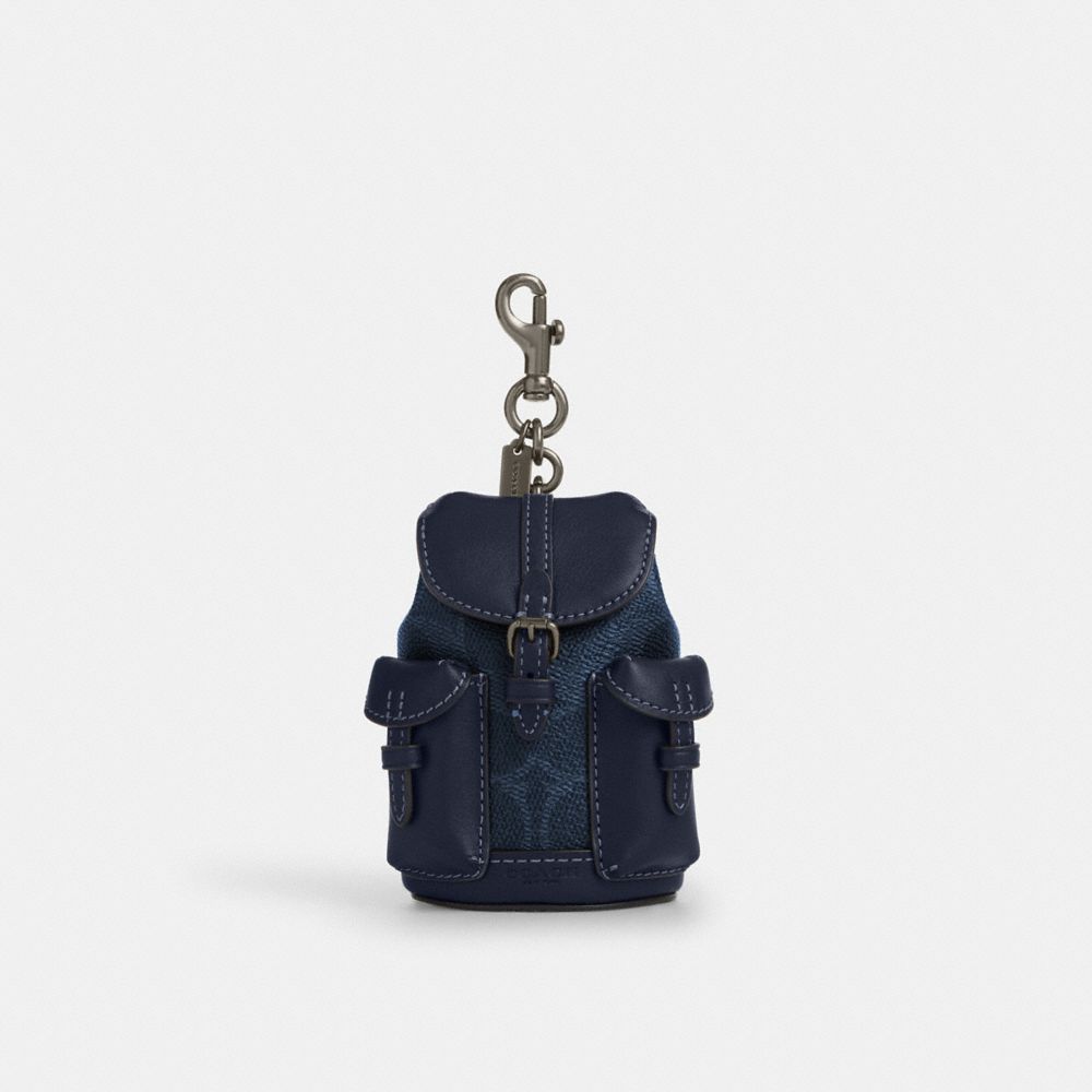 Coach Mini Warner Backpack Bag Charm In Signature Canvas Gunmetal Denim Midnight Navy