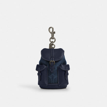 Coach Mini Warner Backpack Bag Charm In Signature Canvas Gunmetal Denim Midnight Navy