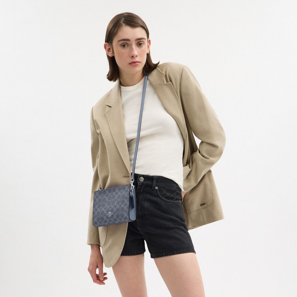 Coach Slim Crossbody Bag In Signature Canvas Silver Chambray