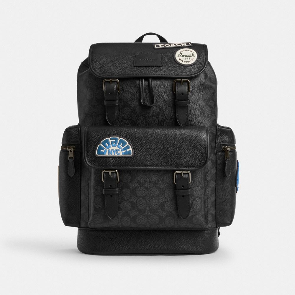 Sprint Backpack In Signature Canvas With Patches Signature Canvas-Gunmetal-Charcoal Multi Signature Canvas-Gunmetal-Charcoal Multi