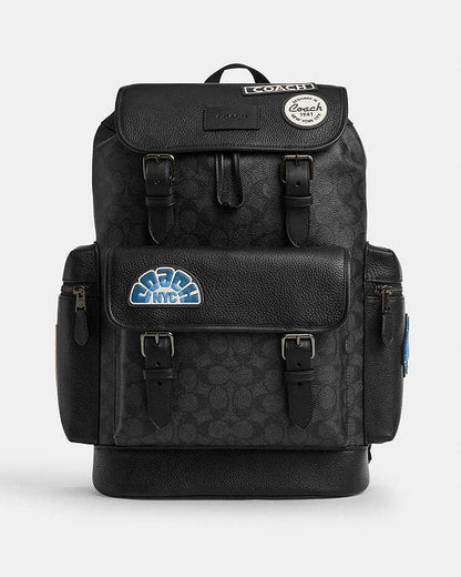 Sprint Backpack In Signature Canvas With Patches Signature Canvas-Gunmetal-Charcoal Multi Signature Canvas-Gunmetal-Charcoal Multi