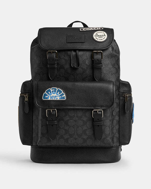 Sprint Backpack In Signature Canvas With Patches Signature Canvas-Gunmetal-Charcoal Multi Signature Canvas-Gunmetal-Charcoal Multi