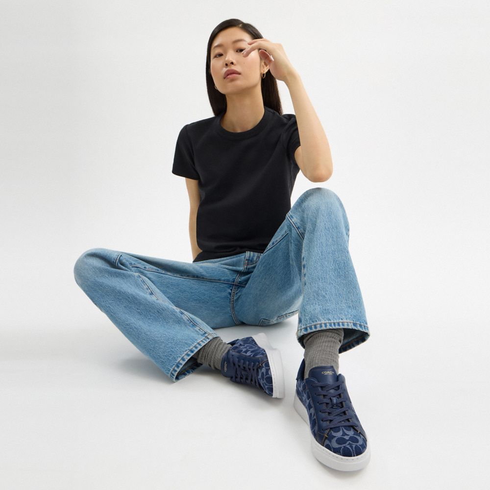 Coach High Line Sneaker In Signature Denim Deep Blue Multi
