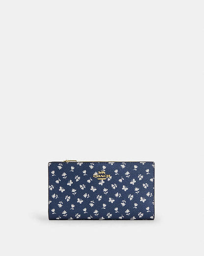 Slim Zip Wallet With Floral Print Gold-Deep Blue Multi Gold-Deep Blue Multi