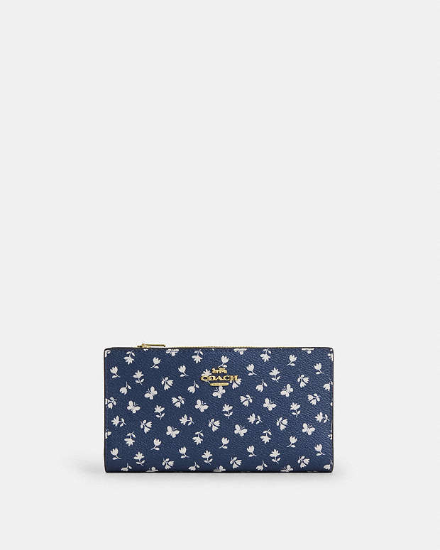 Slim Zip Wallet With Floral Print Gold-Deep Blue Multi Gold-Deep Blue Multi