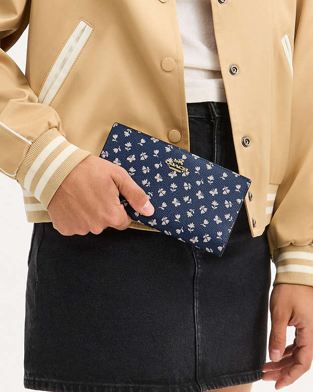 Slim Zip Wallet With Floral Print Gold-Deep Blue Multi Gold-Deep Blue Multi