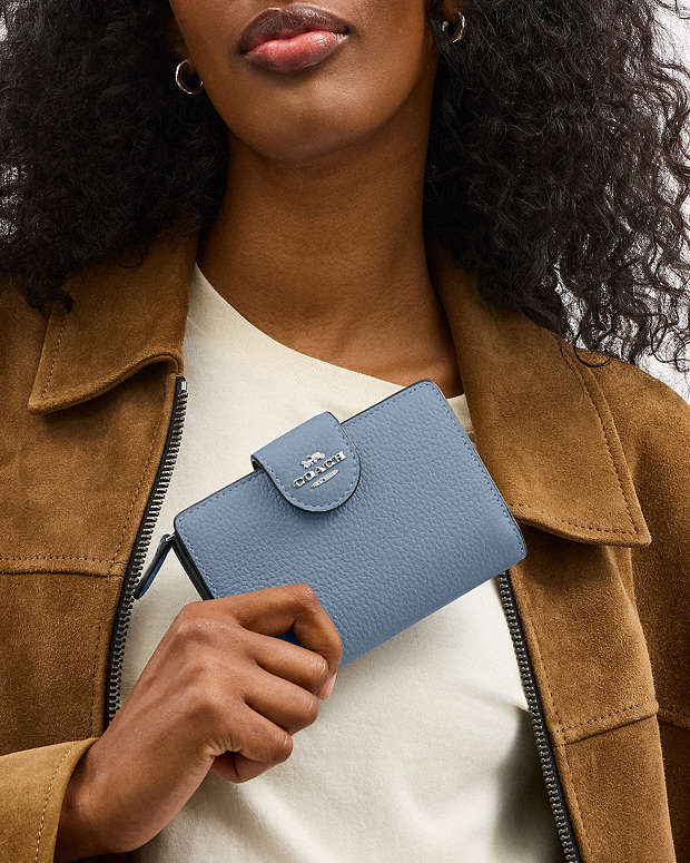 Medium Corner Zip Wallet Pebbled Leather-Sv-Pale Lapis Pebbled Leather-Sv-Pale Lapis