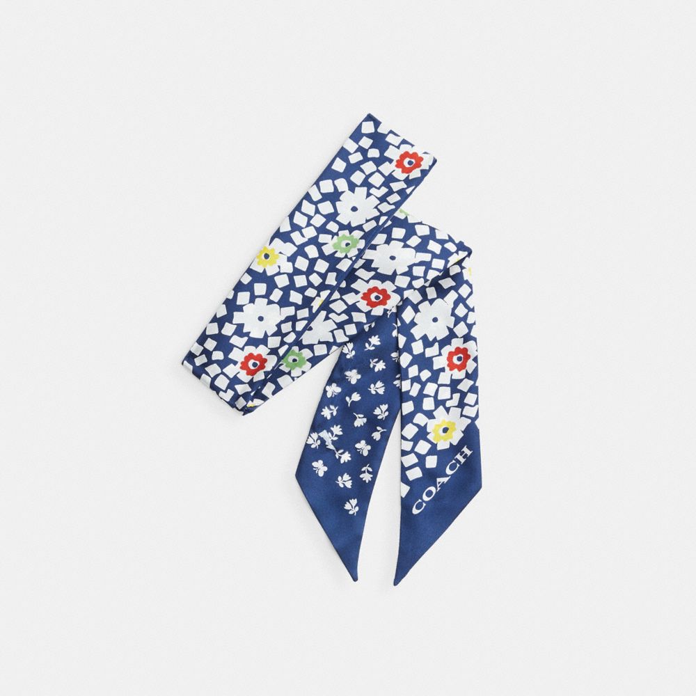 Coach Country Club Floral Print Silk Skinny Scarf Navy Chalk